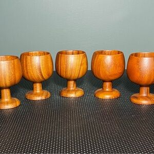 7) Vintage Handcrafted Wooden Goblets - Brown